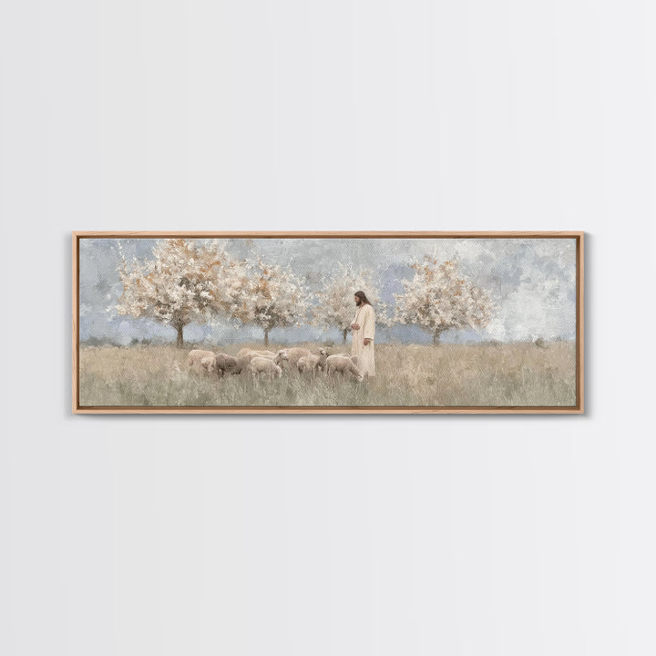 The Gentle Shepherd, Framed Canvas Print, Christian Art, Jesus Painting, Panoramic Wall Art, Christian Art Canvas, Christmas Art