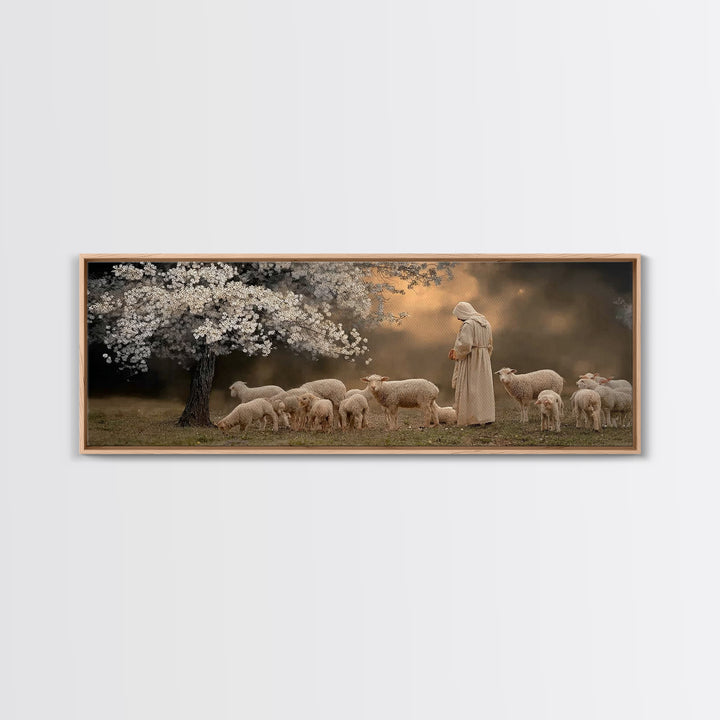 Springtime Shepherd, Framed Canvas Print, Christian Wall Art, Jesus Painting, Panoramic Painting, Christian Art Canvas, Christian Christmas