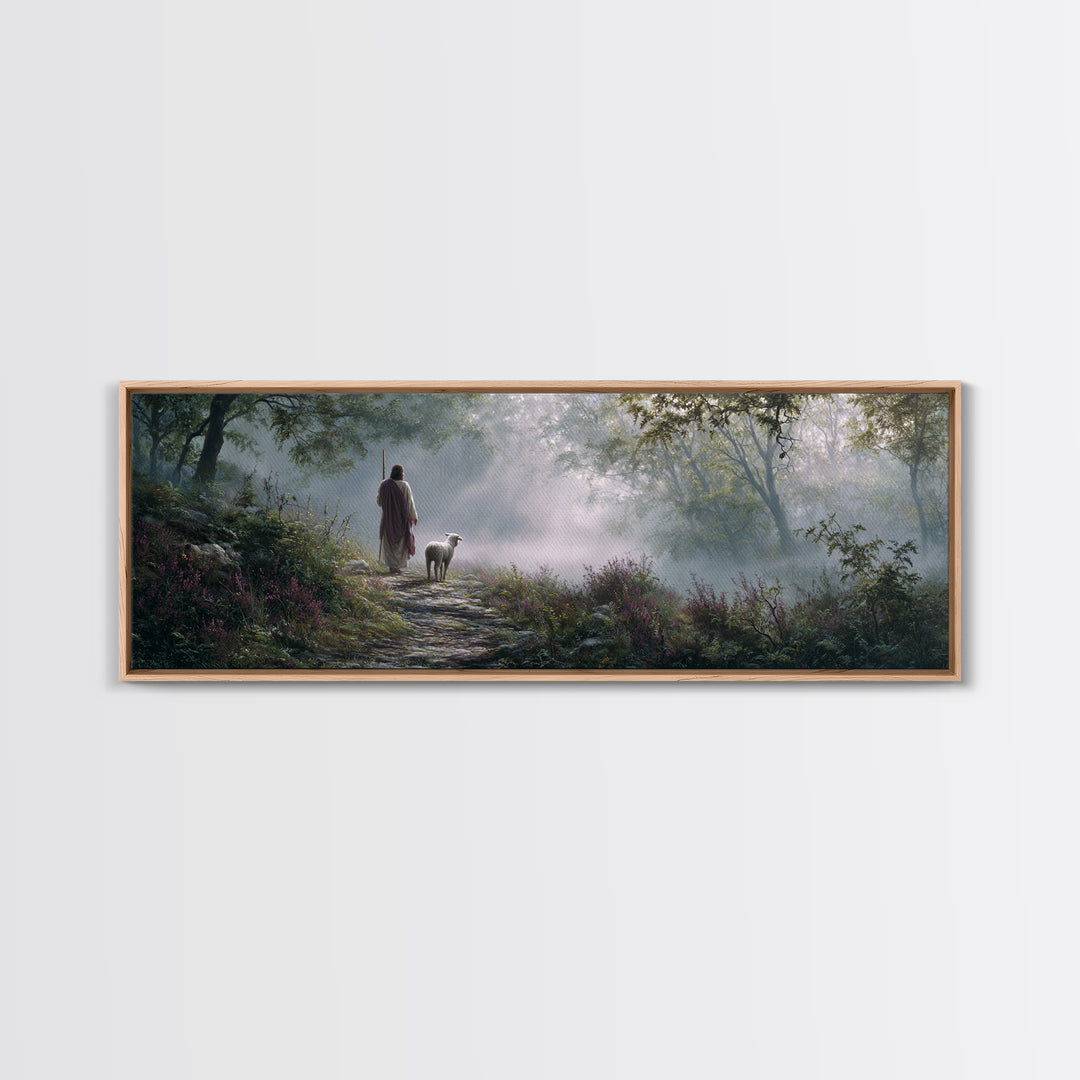 Forest Dawn Path, Framed Canvas Print, Panoramic Painting, Christian Wall Art, Jesus Painting, Christian Art Canvas, Christian Christmas Ar