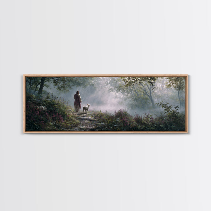Forest Dawn Path, Framed Canvas Print, Panoramic Painting, Christian Wall Art, Jesus Painting, Christian Art Canvas, Christian Christmas Ar