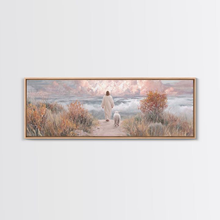 Golden Horizon Walk | Framed Canvas Print | Panoramic Frame | Christian Wall Art | Jesus Painting | Christian Art Canvas | Christmas Art