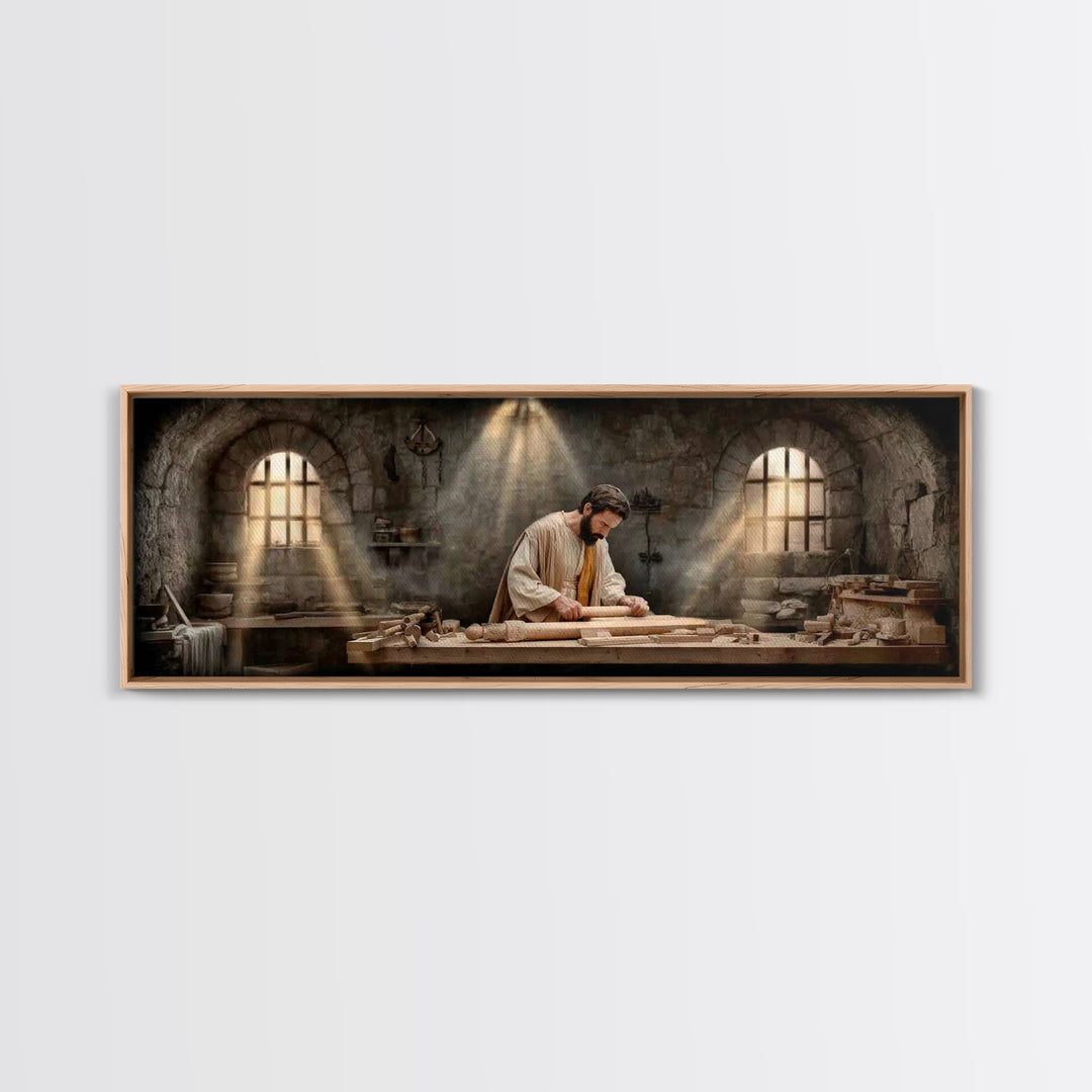 Carpenter Of Grace, Framed Canvas Print, Christian Art Canvas, Panoramic Painting, Christian Wall Art, Jesus Painting, Christian Christmas