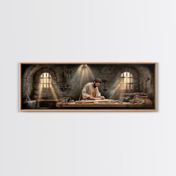 Carpenter Of Grace, Framed Canvas Print, Christian Art Canvas, Panoramic Painting, Christian Wall Art, Jesus Painting, Christian Christmas