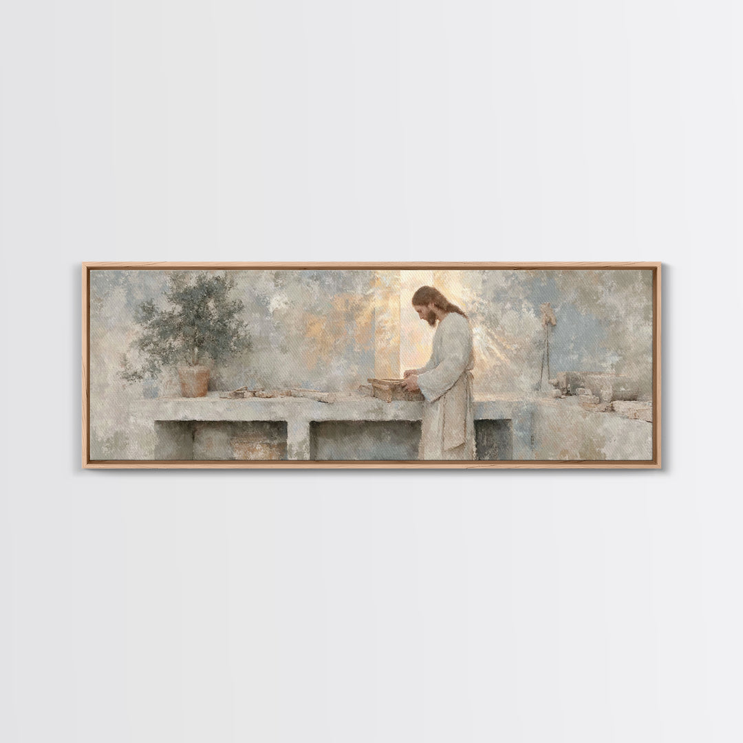 Light Of The Craftsman – Framed Canvas Print – Christian Art Canvas – Panoramic Art – Christian Wall Art – Jesus Painting – Christian Decor
