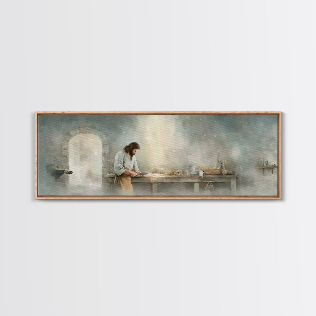 Holy Workbench Glow | Framed Canvas Print | Christian Wall Art | Panoramic Painting | Christian Art Canvas | Jesus Painting | Christian Art