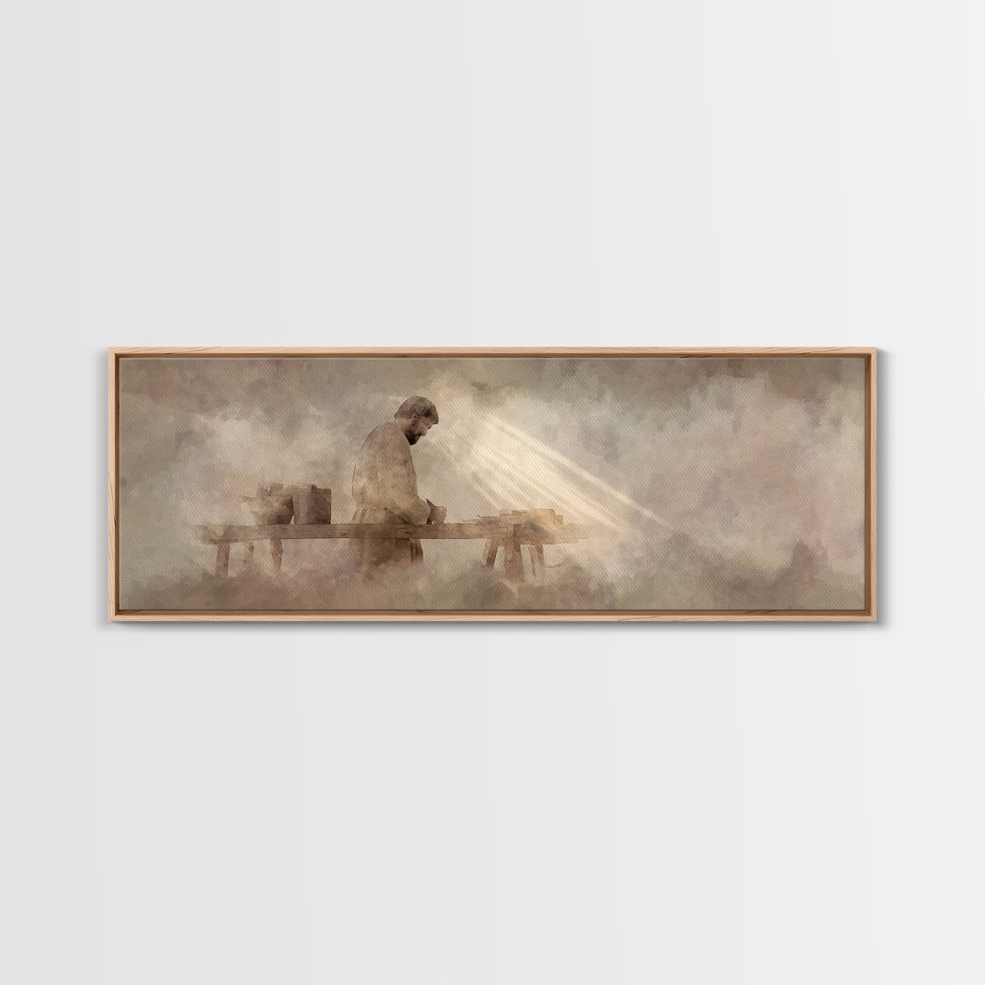 Radiant Carpenter Dawn, Framed Canvas Print, Christian Wall Art, Jesus Painting, Panoramic Wall Art, Christian Art Canvas, Christian Art