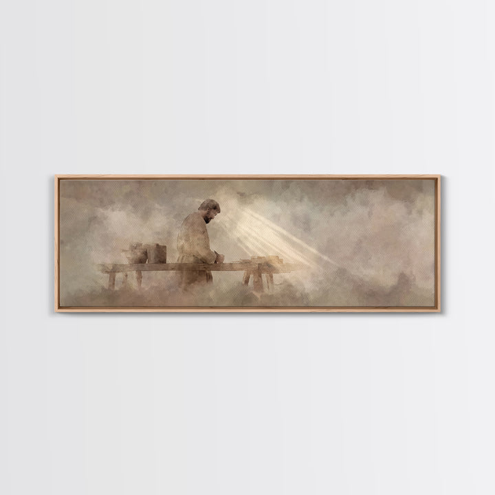 Radiant Carpenter Dawn, Framed Canvas Print, Christian Wall Art, Jesus Painting, Panoramic Wall Art, Christian Art Canvas, Christian Art