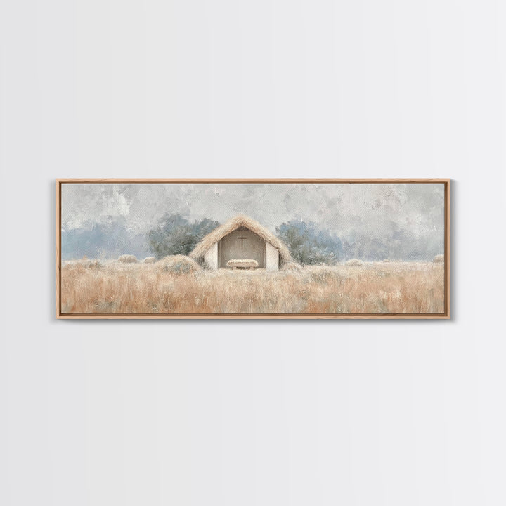 Fieldside Manger | Framed Canvas Print | Christian Wall Art | Christian Art Canvas | Panoramic Art | Christmas Art | Christian Christmas De