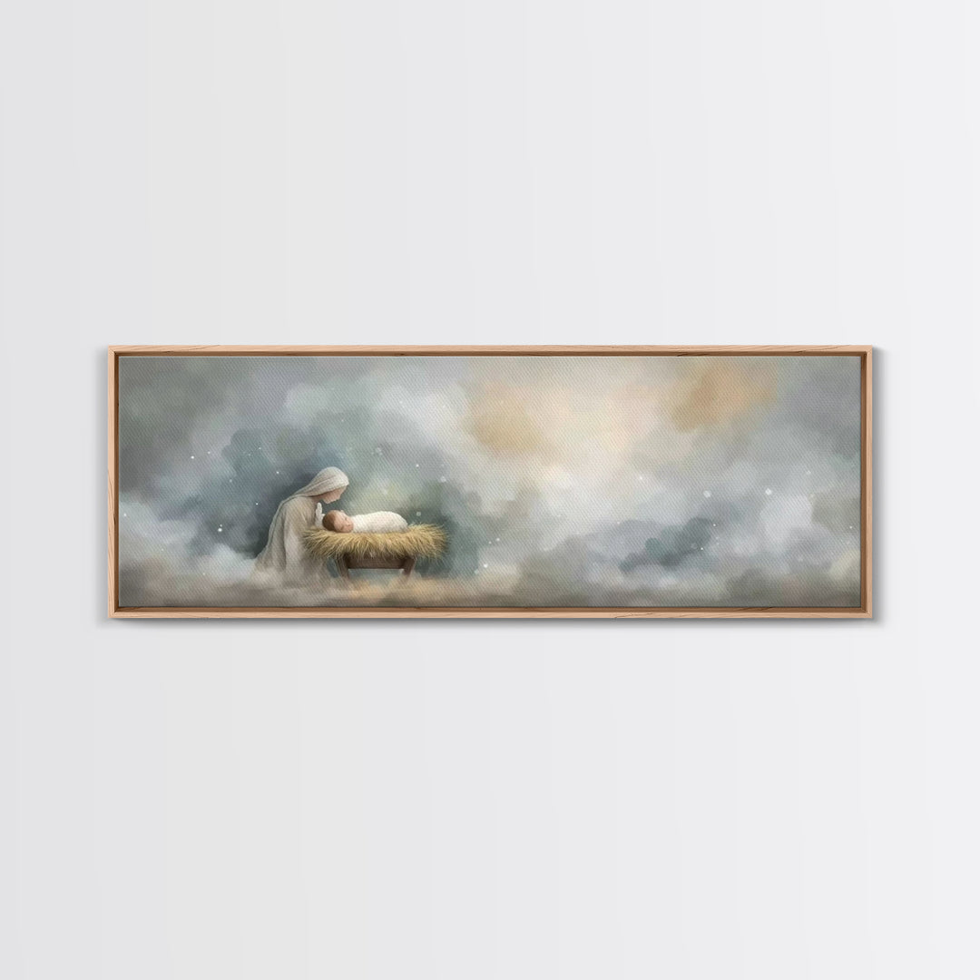 Mary’s Vigil, Framed Canvas Print, Christian Art Canvas, Christian Wall Art, Panoramic Painting, Jesus Christmas Art, Christian Gift