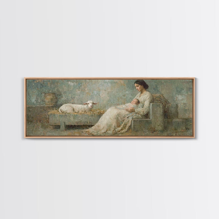 Mother And Lamb, Framed Canvas Print, Christian Art Canvas, Christian Wall Art, Panoramic Art, Jesus Painting, Christian Christmas Decor