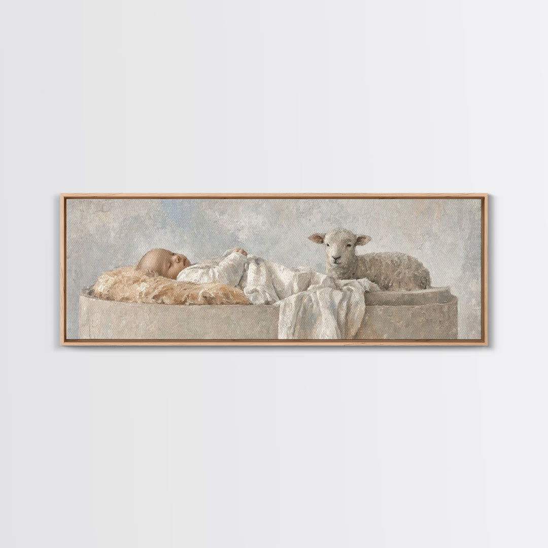 Holy Cradle Calm, Framed Canvas Print, Christian Wall Art, Christian Art Canvas, Christmas Art, Panoramic Painting, Jesus Christmas Art