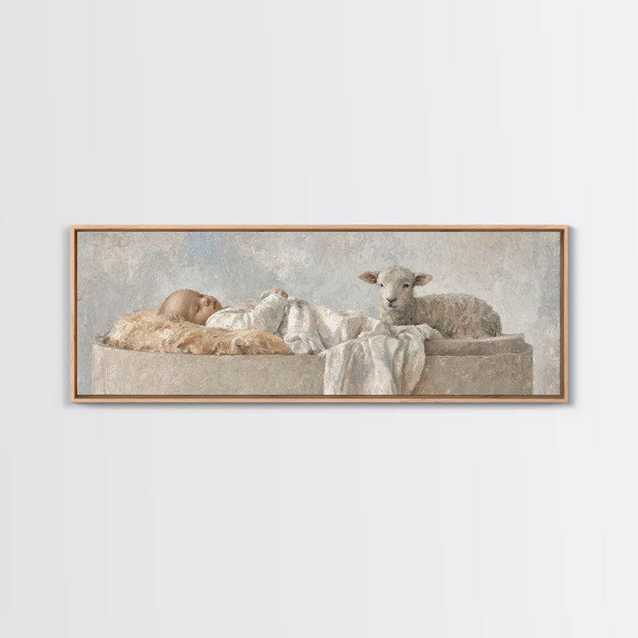 Holy Cradle Calm, Framed Canvas Print, Christian Wall Art, Christian Art Canvas, Christmas Art, Panoramic Painting, Jesus Christmas Art