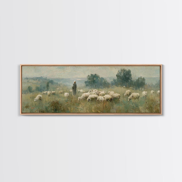 Pastoral Daybreak, Framed Canvas Print, Panoramic Art, Christian Wall Art, Christian Art Canvas, Christian Painting, Jesus Wall Art