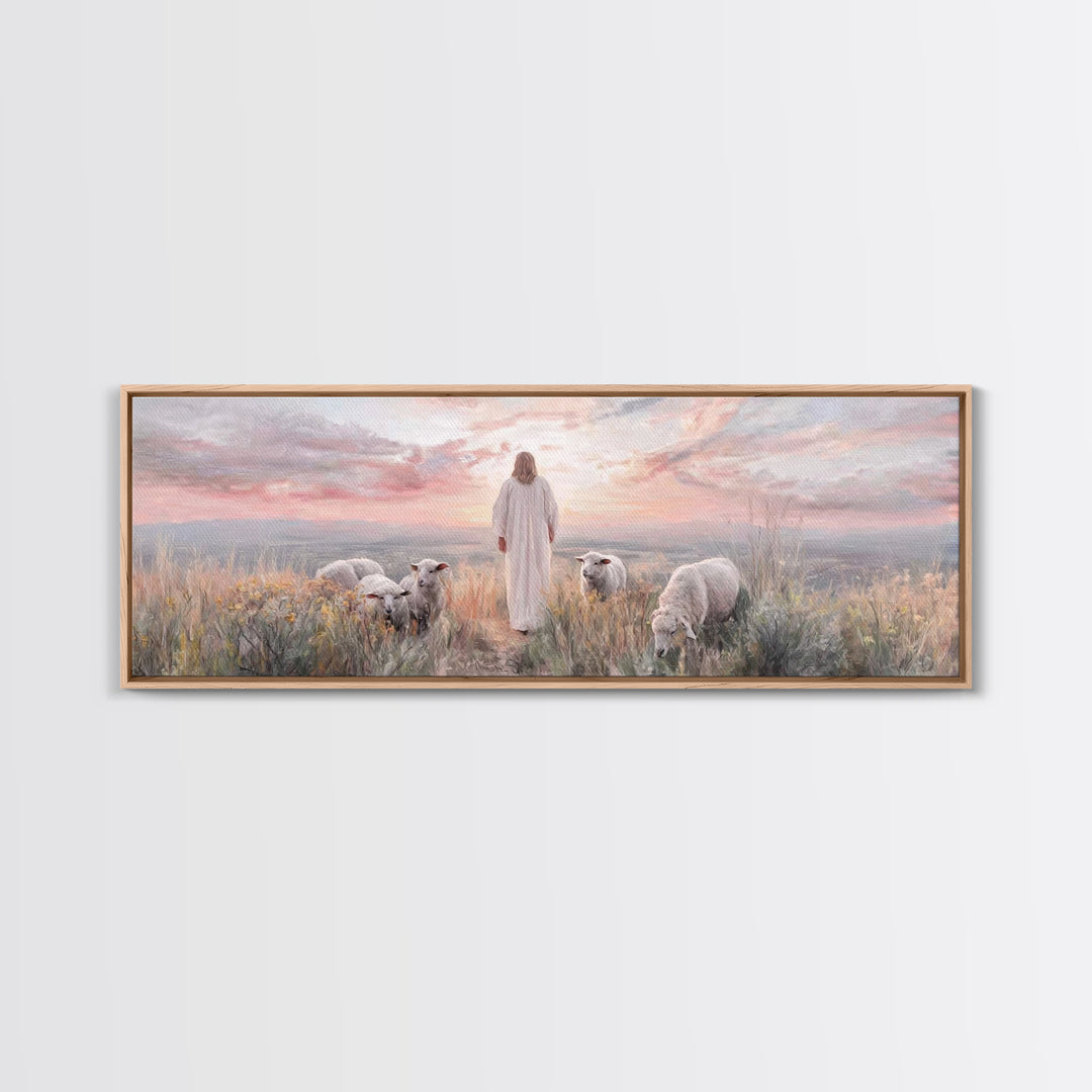 Dawn Among The Flock | Framed Canvas Print | Panoramic Wall Art | Christian Wall Art | Christian Art Canvas | Christian Painting | Jesus Ar