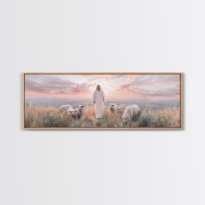Dawn Among The Flock | Framed Canvas Print | Panoramic Wall Art | Christian Wall Art | Christian Art Canvas | Christian Painting | Jesus Ar
