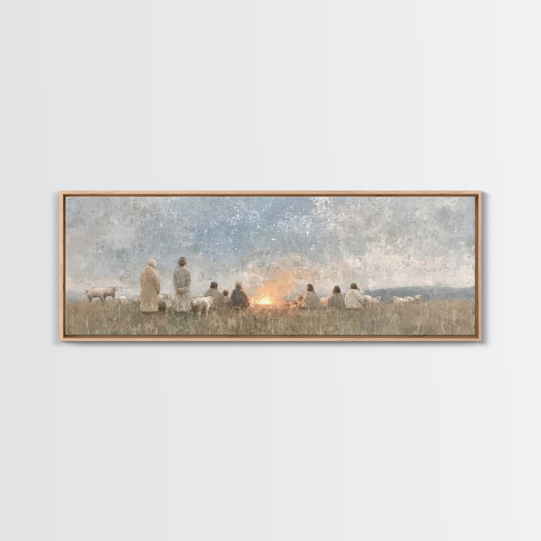 Quiet Field Gathering – Framed Canvas Print – Panoramic Painting – Christian Art – Vintage Christmas Art – Christian Wall Art – Subtle Chri