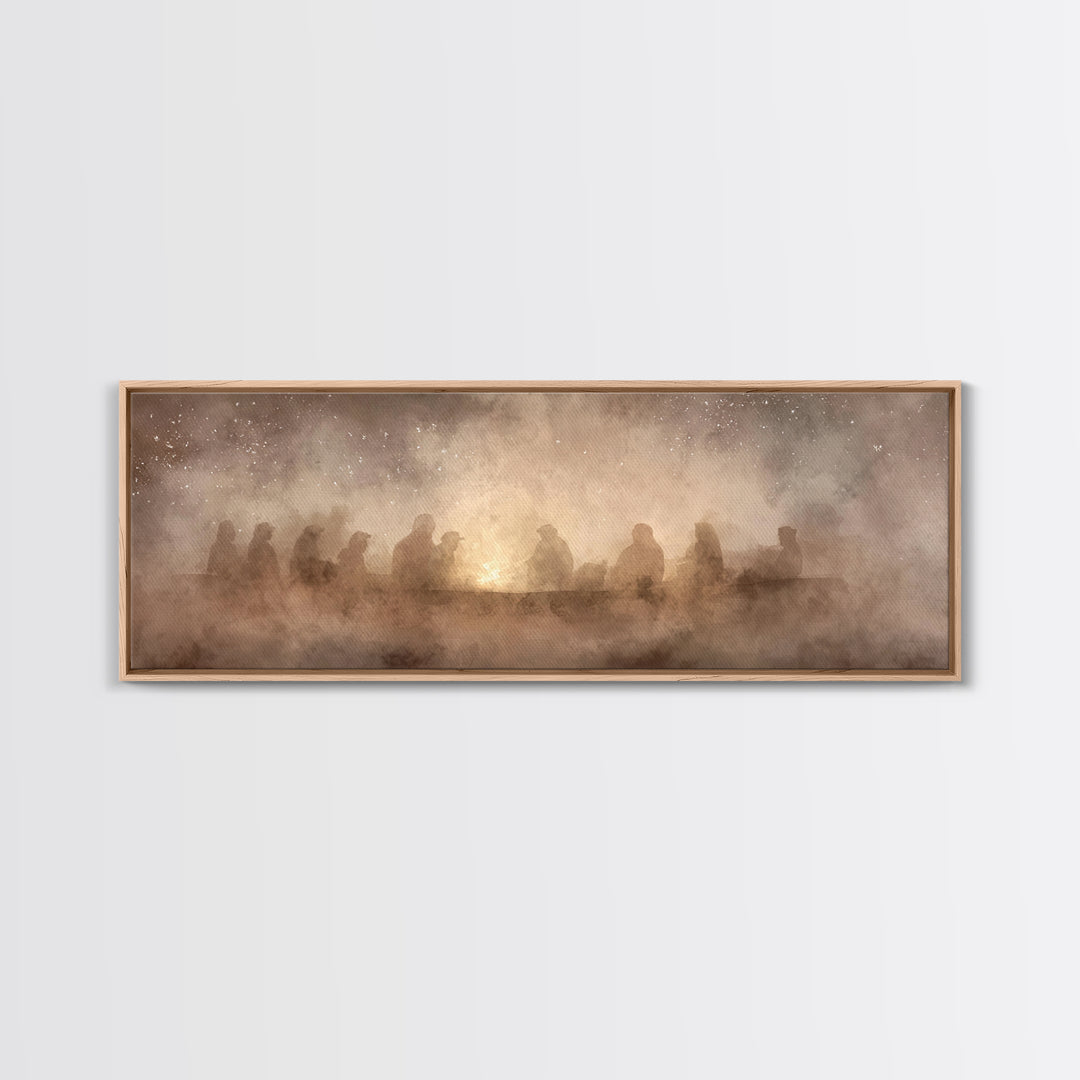 Fireside Reverence, Framed Canvas Print, Panoramic Wall Art, Christian Art Canvas, Moody Christmas Art, Christian Wall Art, Christian Decor