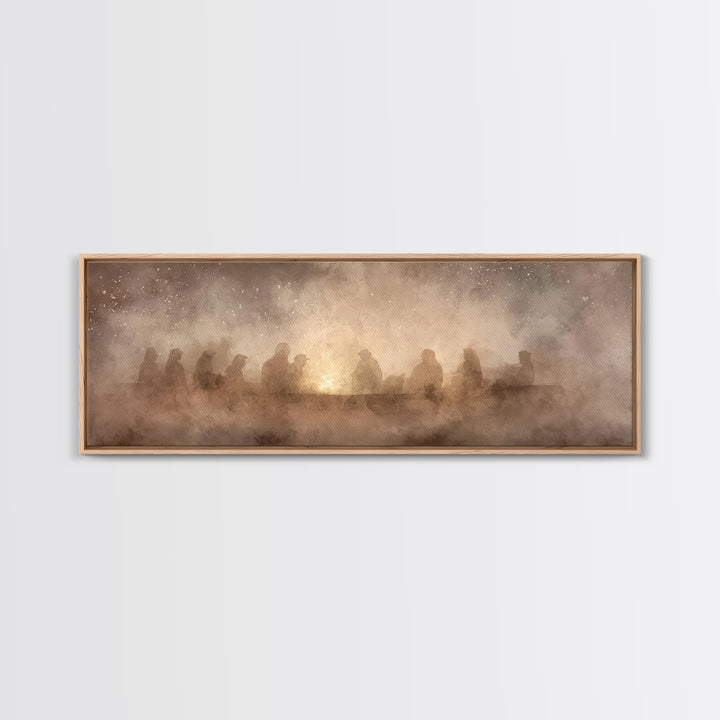 Fireside Reverence, Framed Canvas Print, Panoramic Wall Art, Christian Art Canvas, Moody Christmas Art, Christian Wall Art, Christian Decor