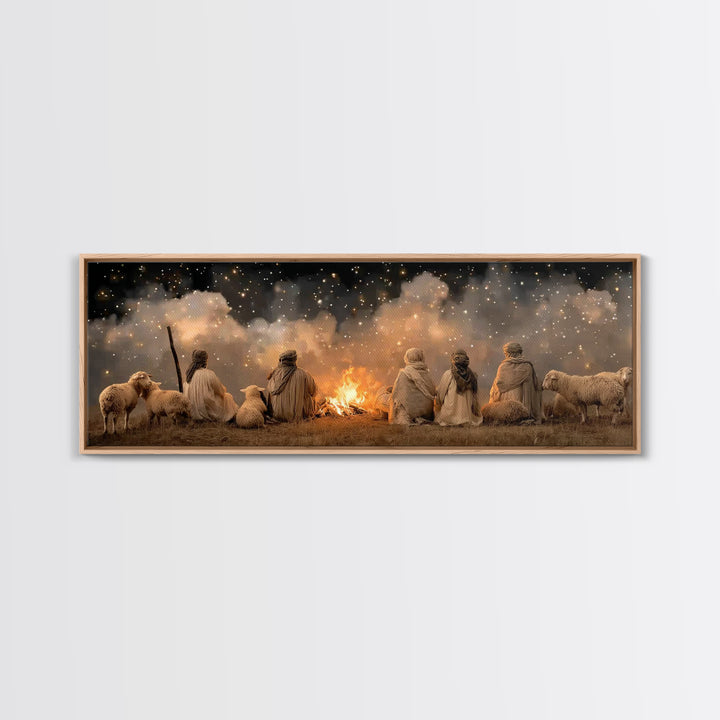 Emberlit Shepherds | Framed Canvas Print | Panoramic Art | Christian Christmas Art | Christian Wall Art | Christmas Art Work | Framed Chris