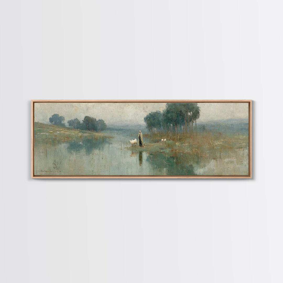 Quiet Shepherd Walk, Framed Canvas Print, Christian Wall Art, Christian Art Canvas, Jesus Painting, Panoramic Painting, Christian Christmas
