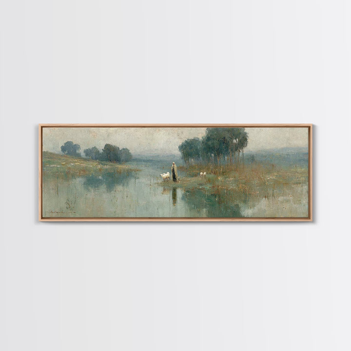 Quiet Shepherd Walk, Framed Canvas Print, Christian Wall Art, Christian Art Canvas, Jesus Painting, Panoramic Painting, Christian Christmas