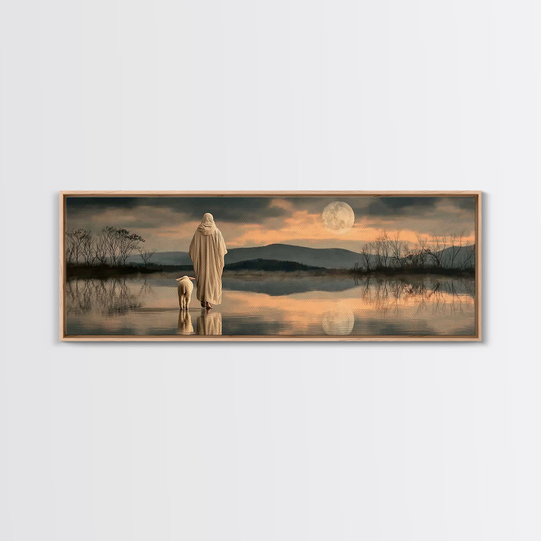 Moonlit Shepherd Path – Framed Canvas Print – Jesus Painting – Christian Wall Art – Christian Art Canvas – Panoramic Print – Christian Chri