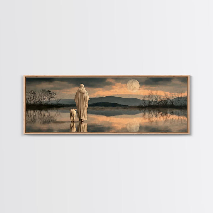 Moonlit Shepherd Path – Framed Canvas Print – Jesus Painting – Christian Wall Art – Christian Art Canvas – Panoramic Print – Christian Chri