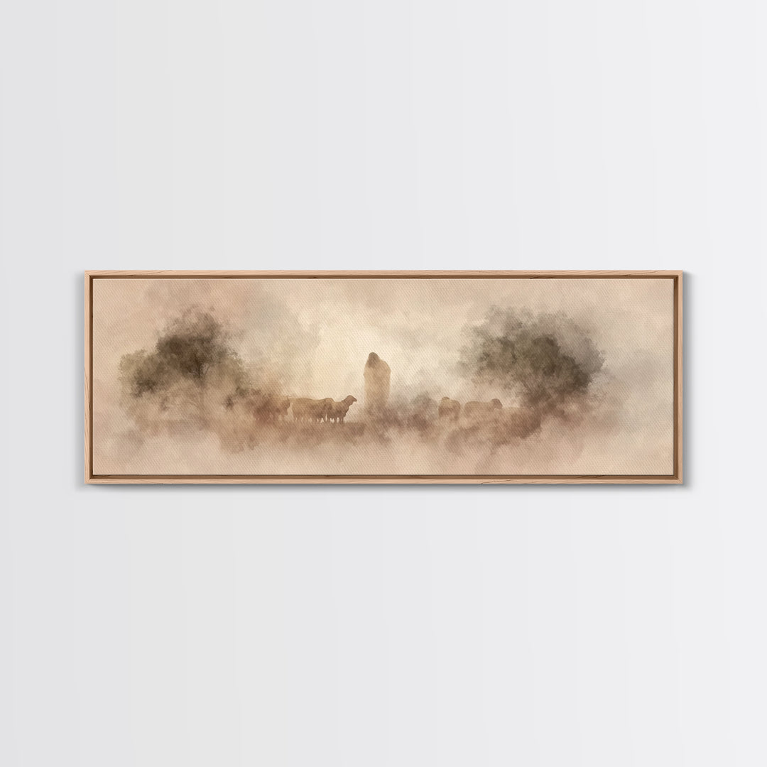 Quiet Pasture Grace | Framed Canvas Print | Panoramic Art | Christian Art | Jesus Art Print | Christian Wall Art | Christian Decor For Home