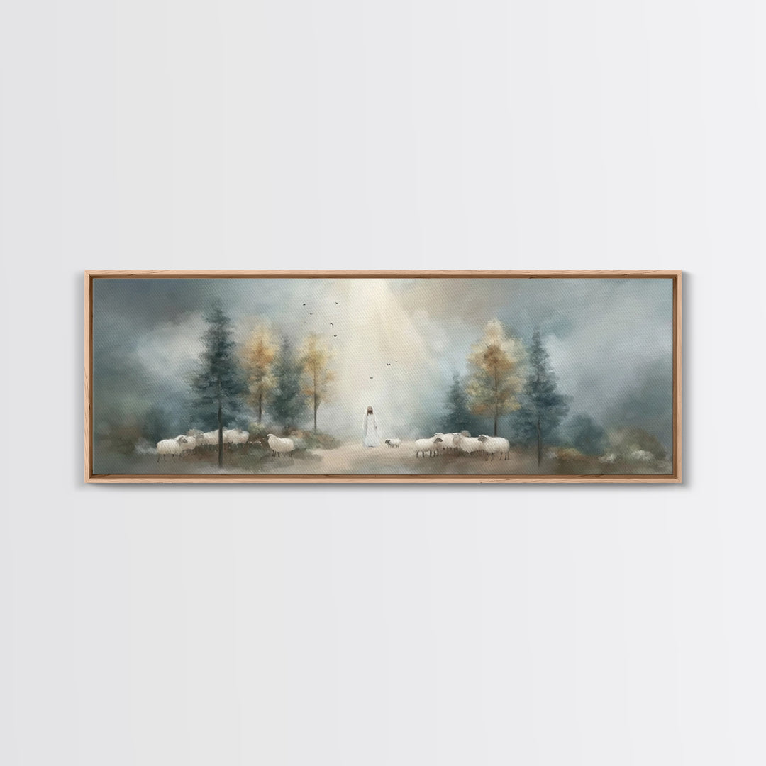 Light Of The Shepherd, Framed Canvas Print, Panoramic Wall Art, Christian Art Canvas, Jesus Painting, Christian Christmas Art, Christian Ar