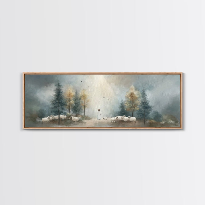 Light Of The Shepherd, Framed Canvas Print, Panoramic Wall Art, Christian Art Canvas, Jesus Painting, Christian Christmas Art, Christian Ar