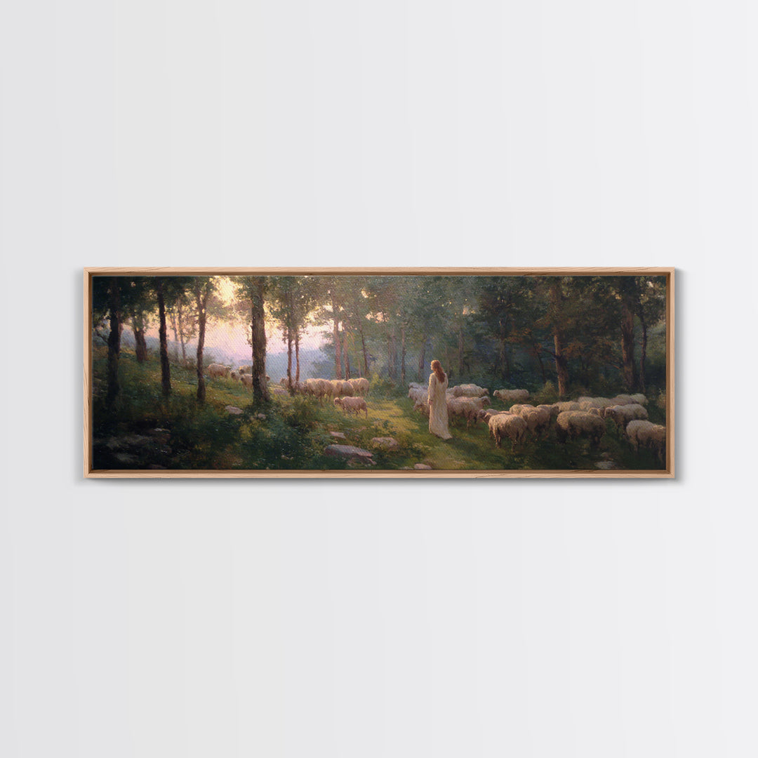 Light Of The Meadow, Framed Canvas Print, Christian Wall Art, Christian Art Canvas, Jesus Painting, Panoramic Painting, Christian Decor