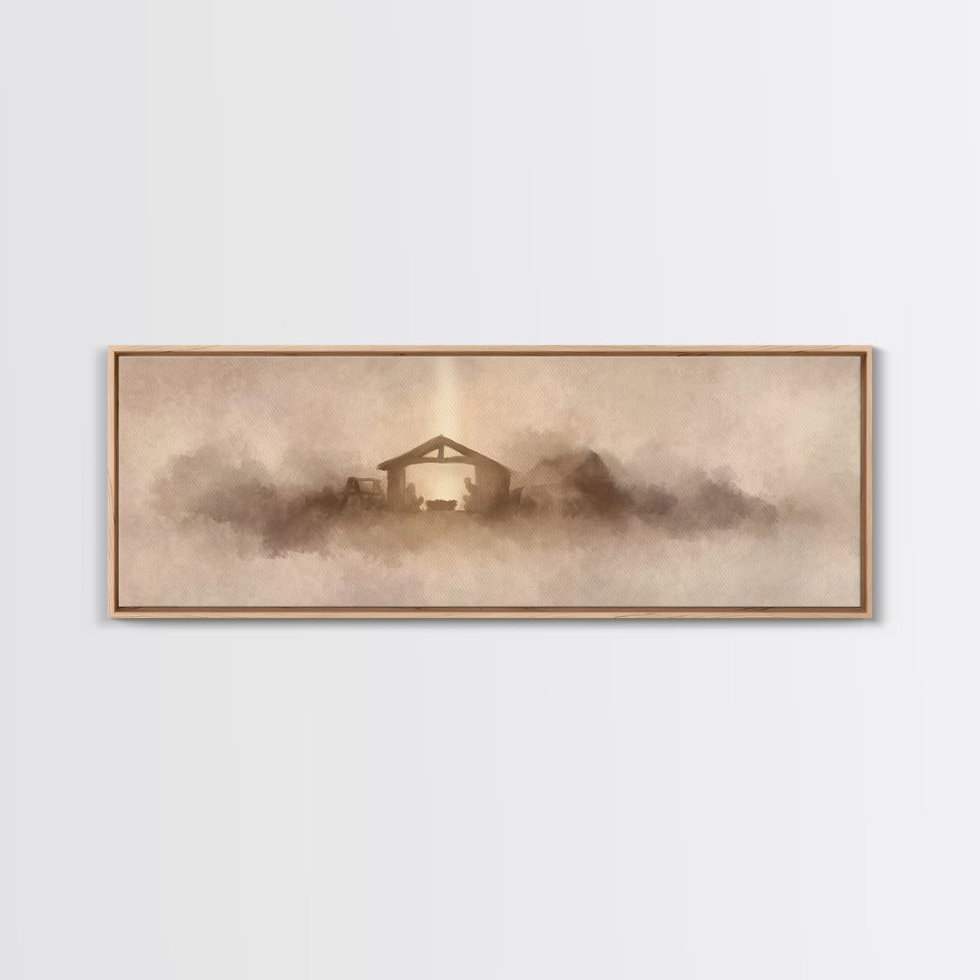 Holy Stable Glow, Framed Canvas Print, Panoramic Wall Art, Christian Art Canvas, Christmas Art, Christian Wall Art, Christian Christmas