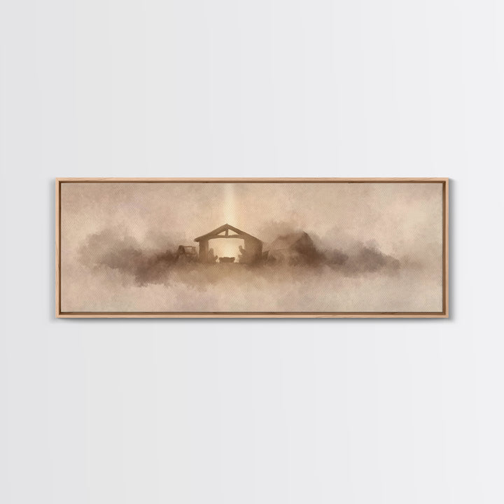 Holy Stable Glow, Framed Canvas Print, Panoramic Wall Art, Christian Art Canvas, Christmas Art, Christian Wall Art, Christian Christmas