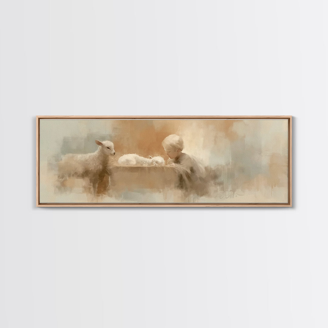Shepherd’s Quiet Adore | Framed Canvas Print | Panoramic Wall Art | Christian Art Canvas | Christmas Art | Christian Decor | Christian Pain