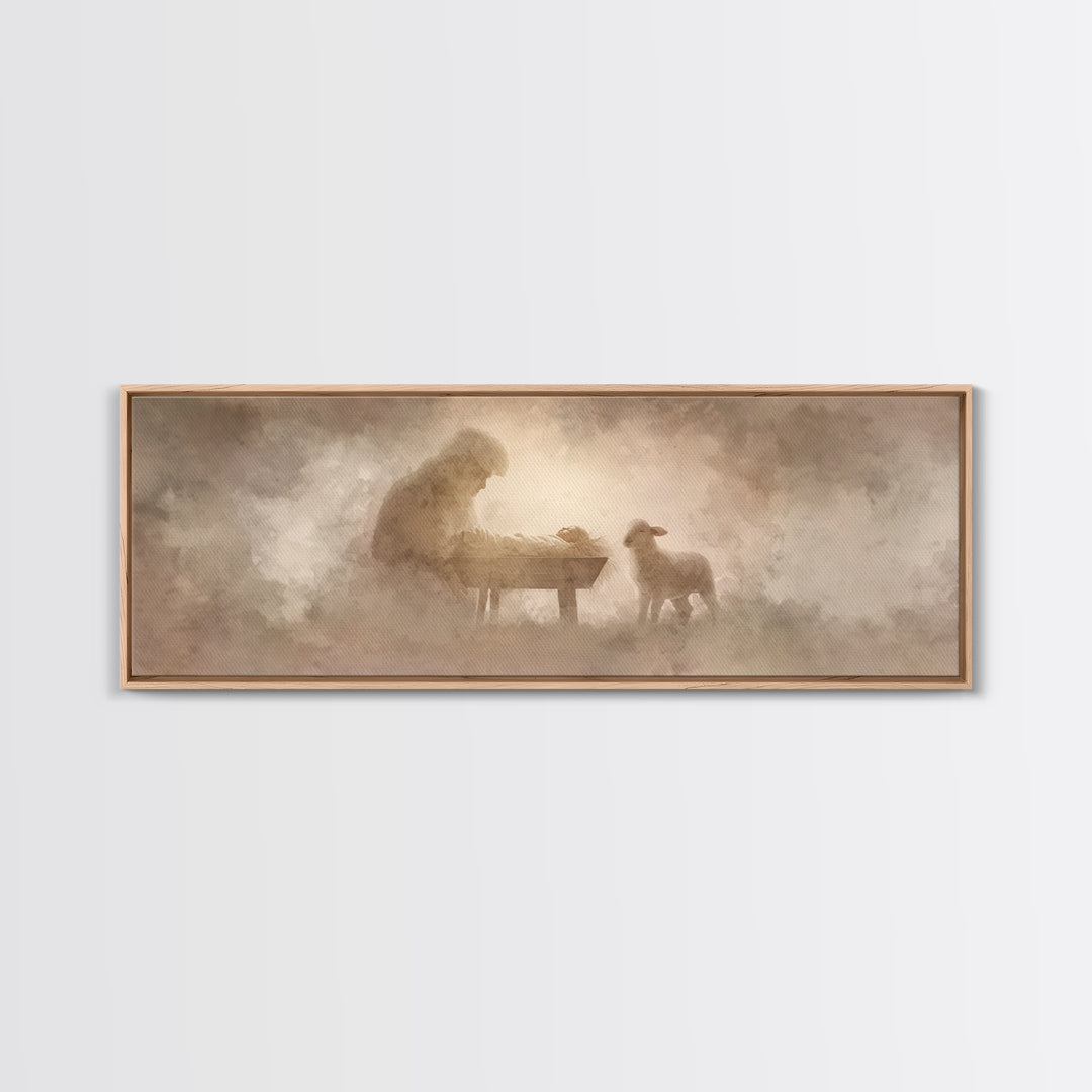 Tender Lamb Joy – Framed Canvas Print – Panoramic Print – Christian Art Canvas – Christian Wall Art – Christmas Art – Christian Christmas A