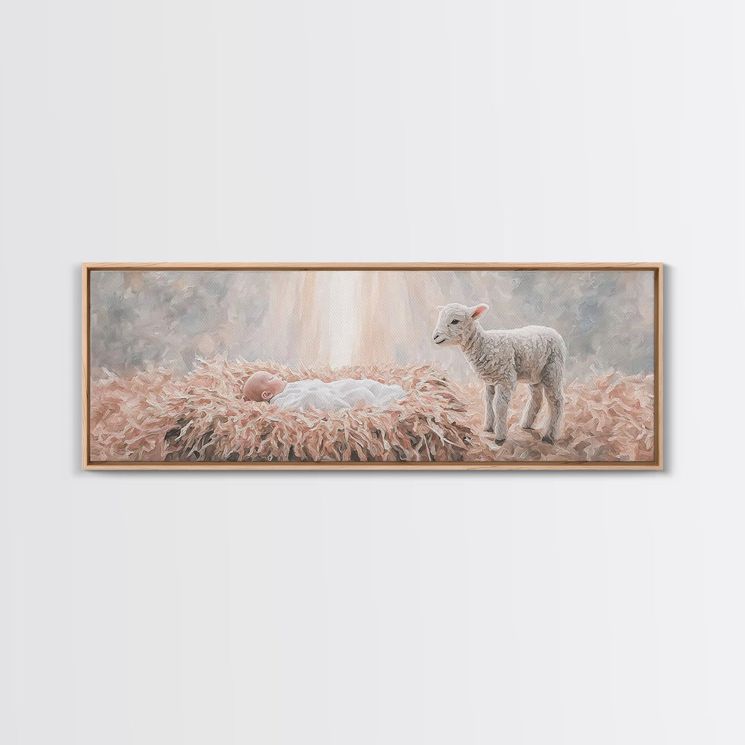 Gentle Nativity Peace, Framed Canvas Print, Christian Christmas Art, Panoramic Wall Art, Christian Wall Art, Jesus Painting