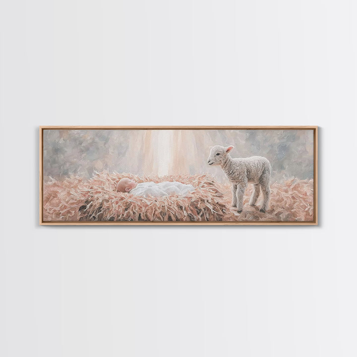 Gentle Nativity Peace, Framed Canvas Print, Christian Christmas Art, Panoramic Wall Art, Christian Wall Art, Jesus Painting