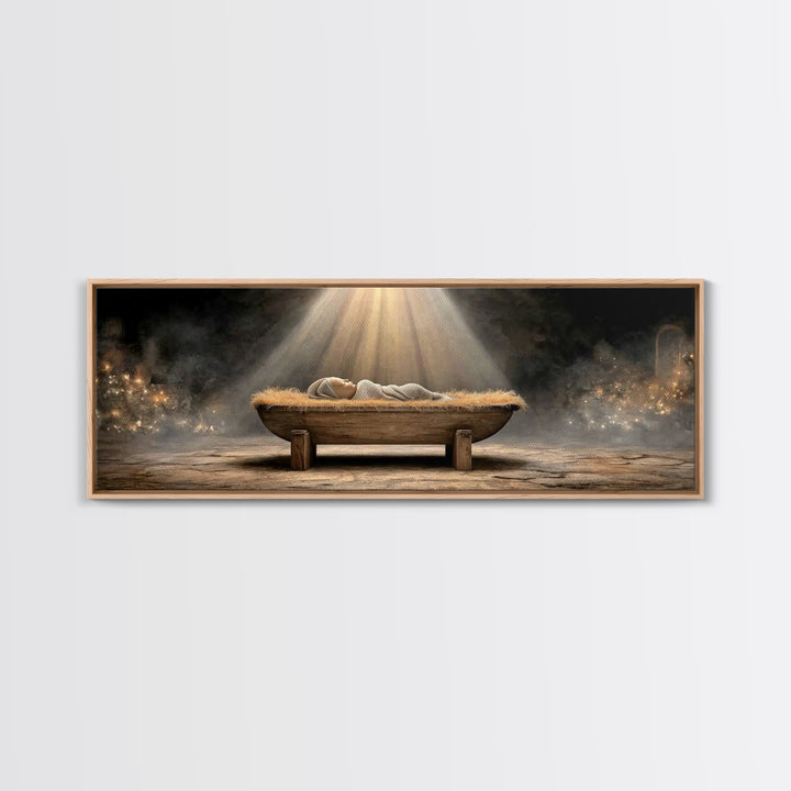 Holy Nativity Light, Framed Canvas Print, Panoramic Painting, Christmas Art, Christian Christmas Art, Jesus Christmas Art, Framed Christmas