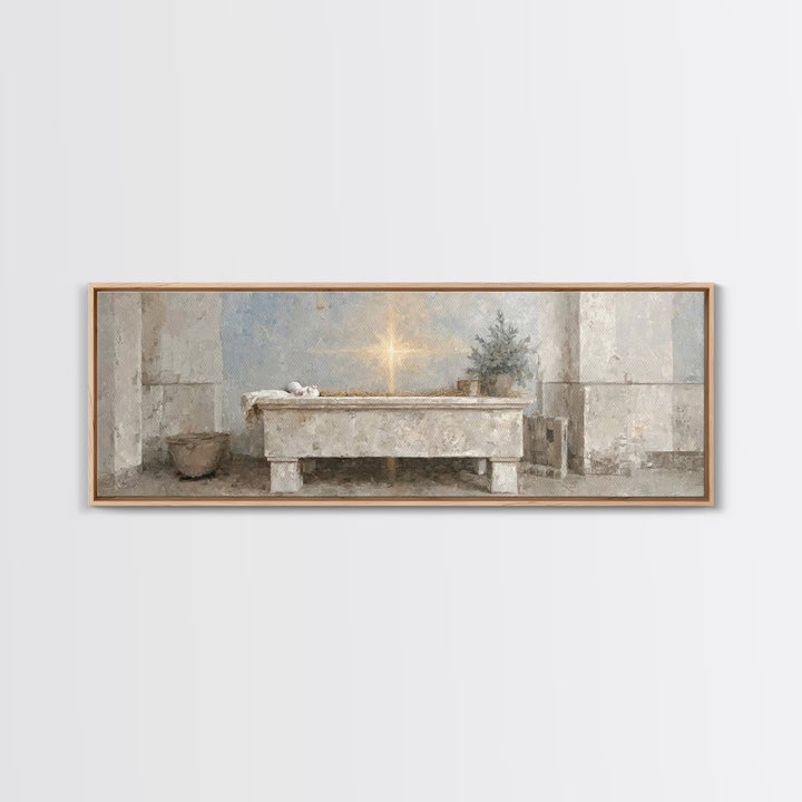 Guiding Manger Light – Framed Canvas Print – Christian Wall Art – Christmas Art – Christian Art Canvas – Panoramic Art – Jesus Painting – C