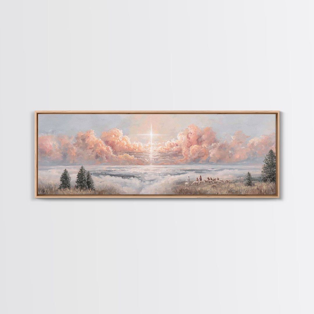 Shepherds Of Light - Framed Canvas Print - Christian Art Canvas - Panoramic Wall Art - Christmas Art - Jesus Painting - Christian Wall Art