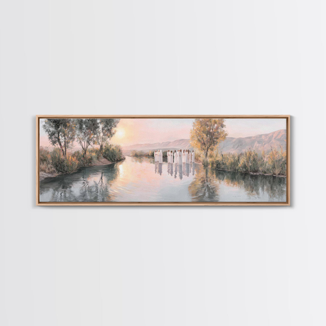 River Dawn Communion, Framed Canvas Print, Christian Wall Art, Christian Art Canvas, Jesus Painting, Panoramic Art