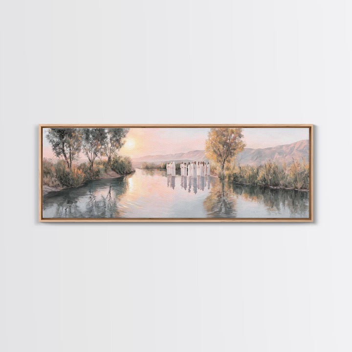 River Dawn Communion, Framed Canvas Print, Christian Wall Art, Christian Art Canvas, Jesus Painting, Panoramic Art