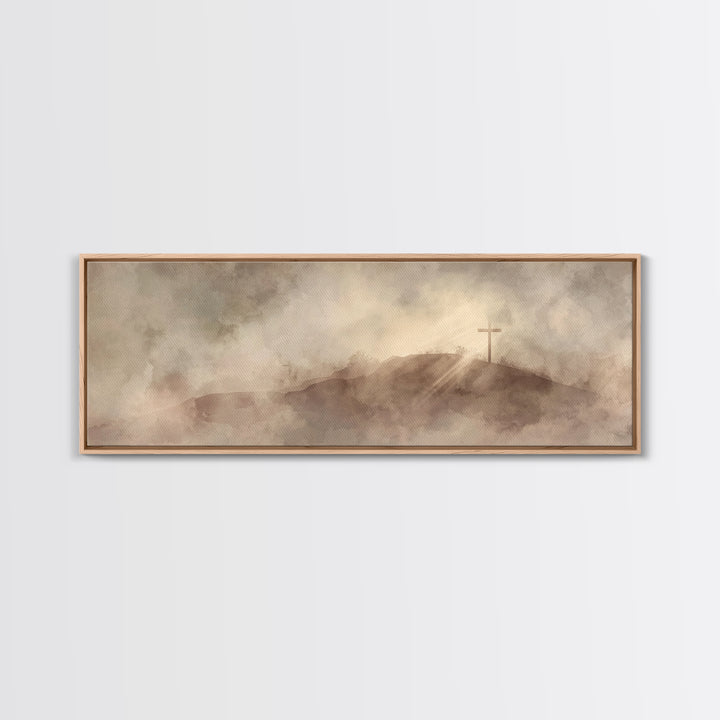 Hilltop Cross Light – Framed Canvas Print – Christian Wall Art – Christian Art Canvas – Panoramic Wall Art – Christian Decor