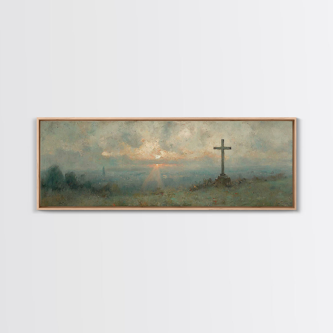 Sunset Cross Vista, Framed Canvas Print, Christian Wall Art, Christian Art Canvas, Panoramic Frame, Christian Decor