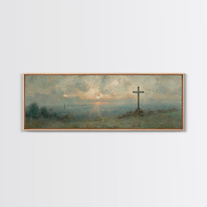 Sunset Cross Vista, Framed Canvas Print, Christian Wall Art, Christian Art Canvas, Panoramic Frame, Christian Decor