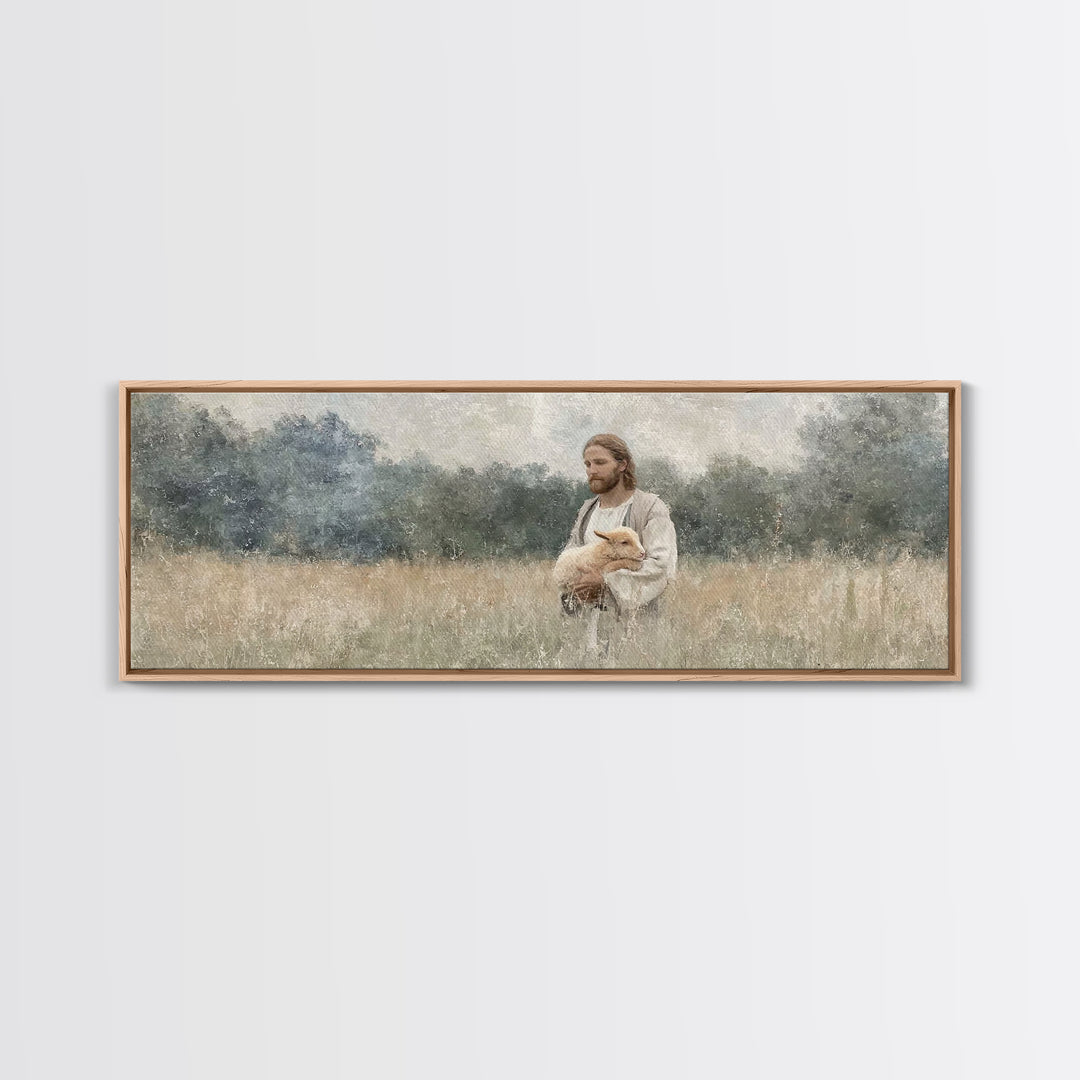 Gentle Shepherd Field, Framed Canvas Print, Christian Wall Art, Christian Art Canvas, Panoramic Art, Christian Decor