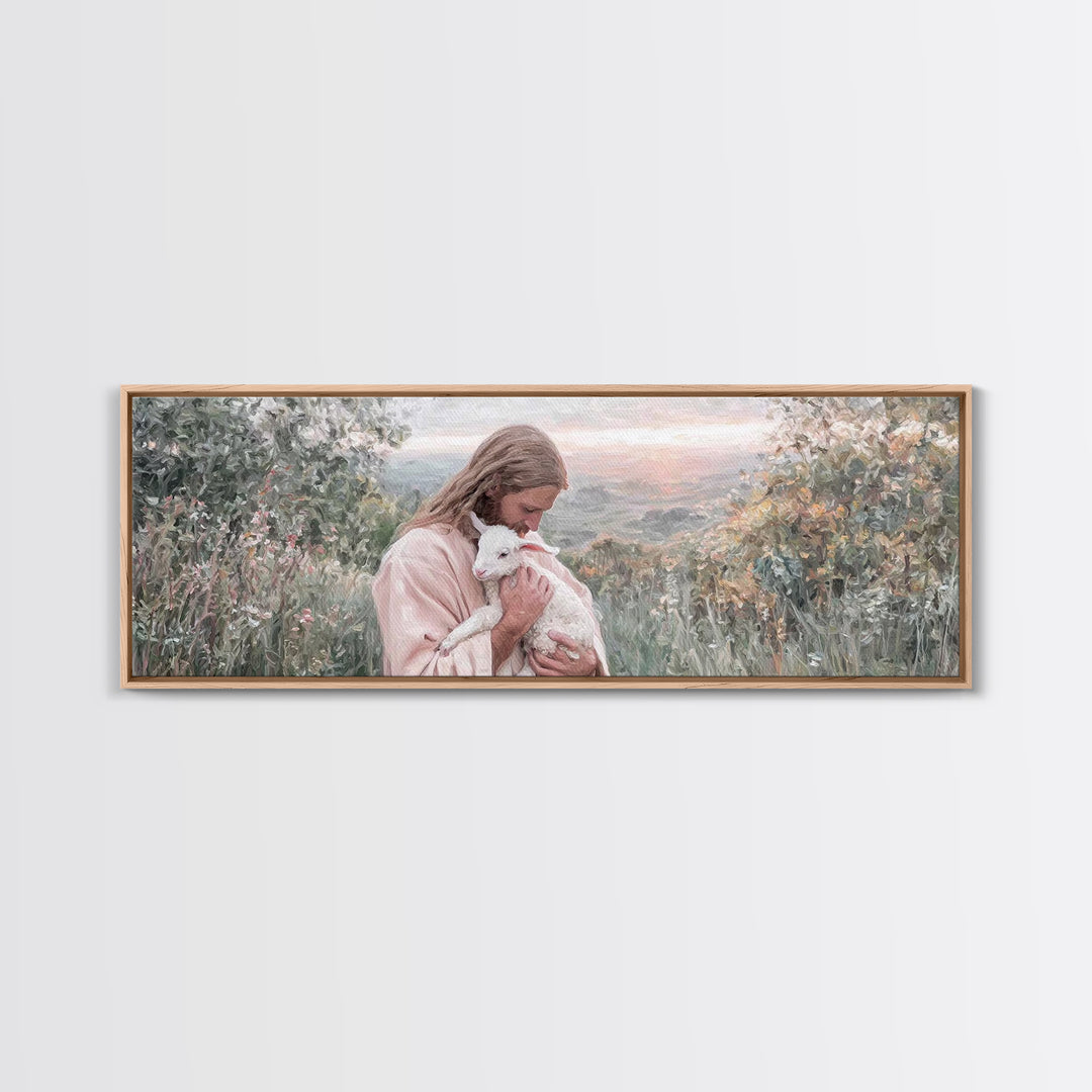 Gentle Pasture Peace, Framed Canvas Print, Christian Christmas Art, Christian Art Canvas, Jesus Painting, Panoramic Wall Art, Christian Dec