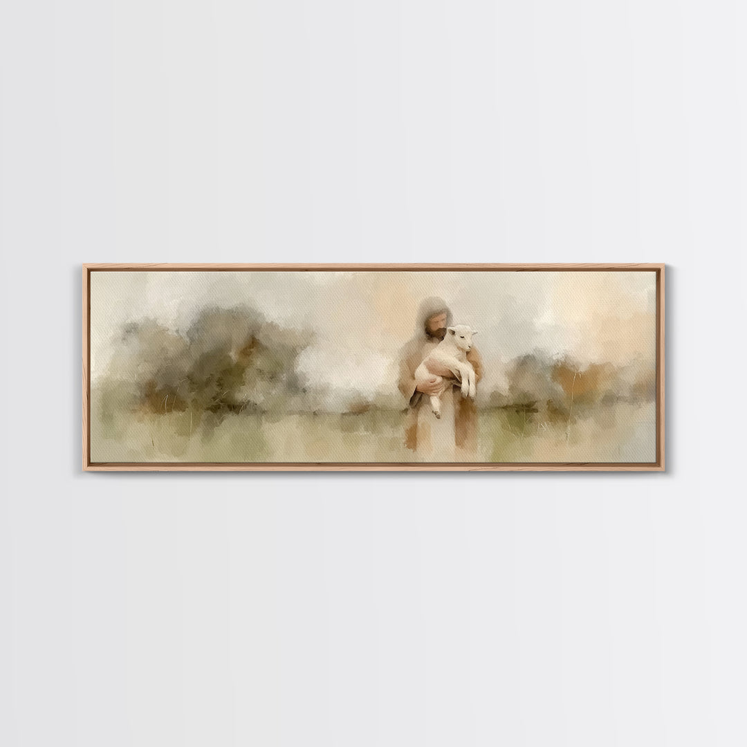 Warm Meadow Mercy | Framed Canvas Print | Christian Wall Art | Jesus Painting | Christian Art Canvas | Panoramic Painting | Christmas Art