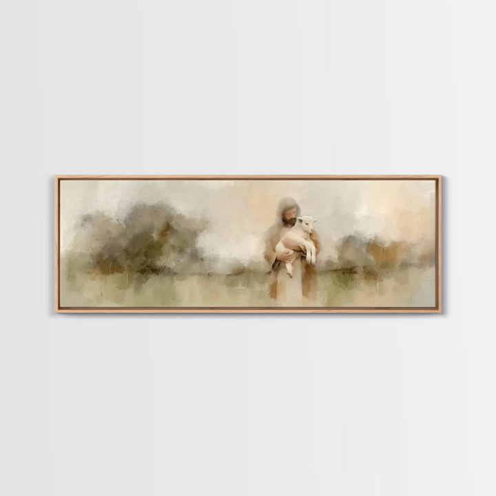 Warm Meadow Mercy | Framed Canvas Print | Christian Wall Art | Jesus Painting | Christian Art Canvas | Panoramic Painting | Christmas Art