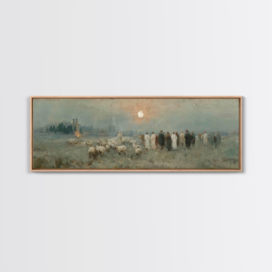 Shepherds In Stillness – Framed Canvas Print – Christian Art Canvas – Panoramic Frame – Christian Christmas Art – Jesus Painting – Christia